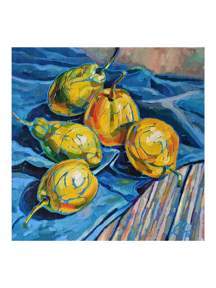 Bright still life with fruits, Pears, Original oil painting, canvas on cardboard 25x25 cm, Kitchen decor
