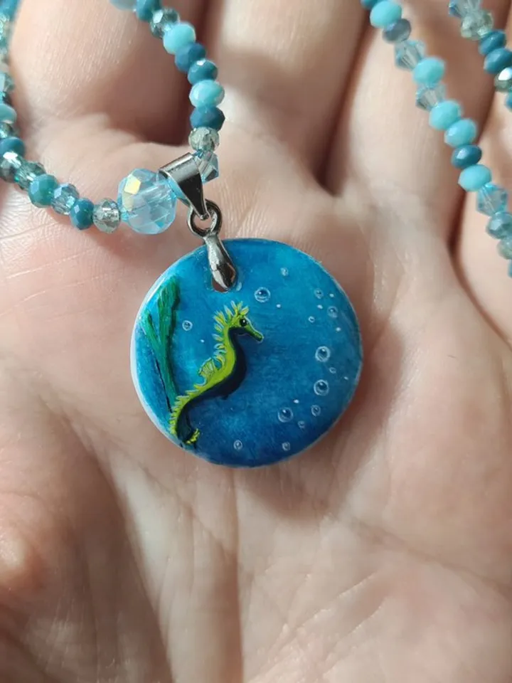 Seahorse necklace, surfer jewelry, sea wave miniature painting on pearl pendant