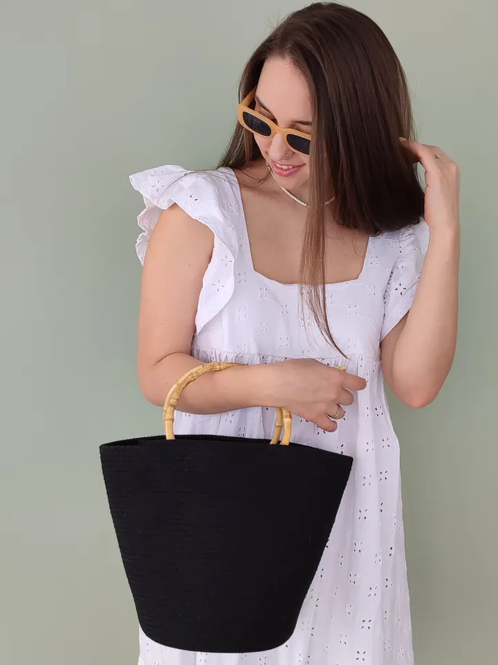 Small black bag with bamboo handles