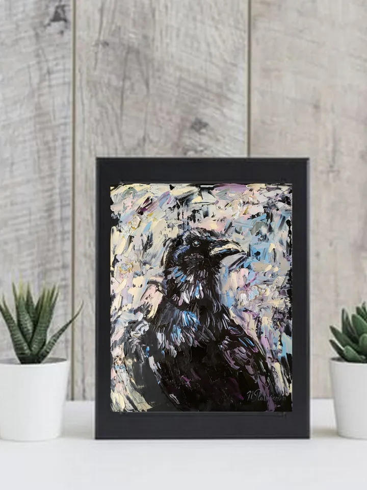 Raven Painting Bird original art 10 by 8 inches Black Raven Wall Art Crow artwork oil painting by Natalia Plotnikova