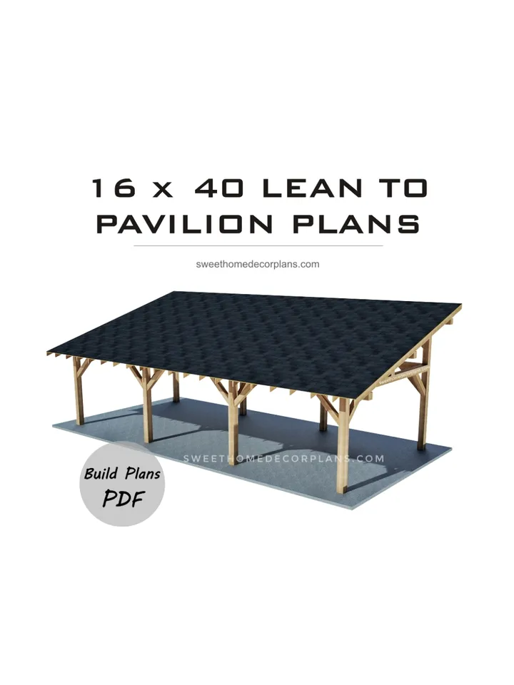 DIY 16 x 40 lean to pavilion plans pdf. Detached carport plans. Wooden covered gazebo outdoor plans. Timber frame backyard garage plans.