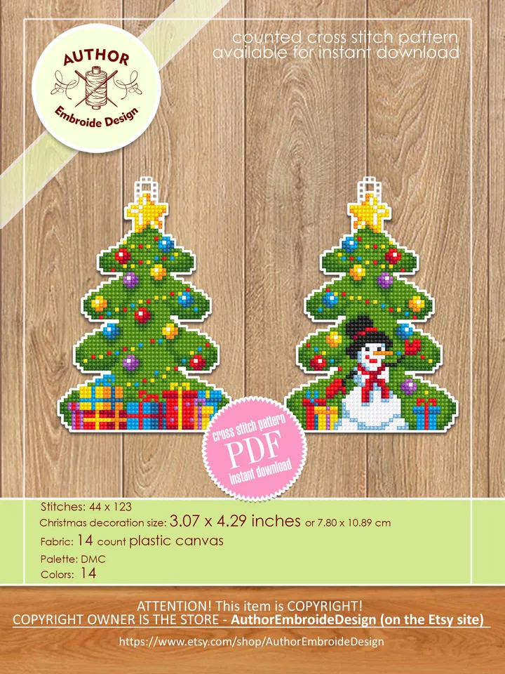 Christmas tree cross stitch pattern PDF download Double-sided christmas tree decor for plastic canvas, Christmas ornament digital PDF #N160