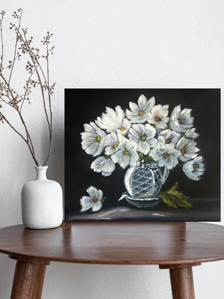 Black oil painting White flowers in a white vase White cosmea Art 25 x 30 cm