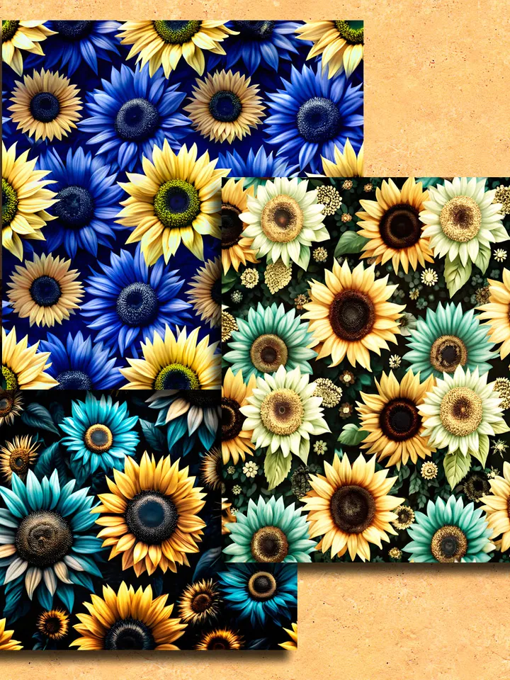 Seamless patterns 10 pieces sunflowers. Patterns for printing on paper, fabric. For creativity.