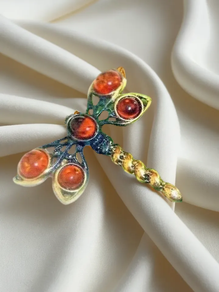Cute Dragonfly insect brooch pin Gold antique Brass with Baltic Amber brooch Luck Nature jewelry for women and men