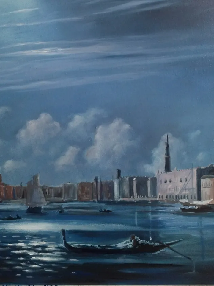 Night in Venice oil painting Landscape with reflections Moonlit sky fine art for office