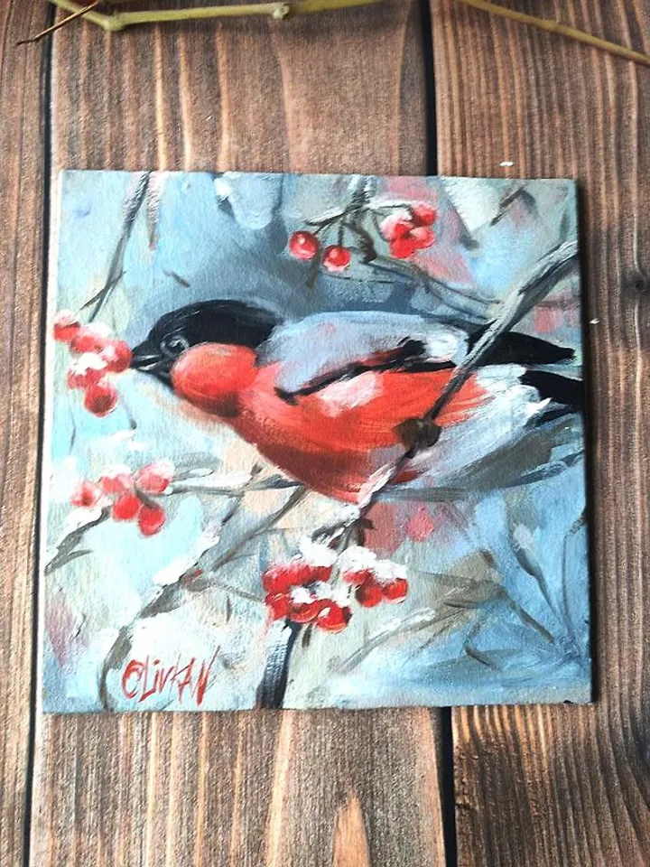Bullfinch Painting 牛蛙 Original Art Bird Artwork Original Oil Painting
