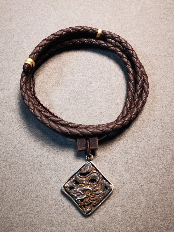 Gandhanra Antique Tibetan Buddhist Amulet,Dragon -the Four Dignities(Garuda,Tiger,Dragon,Lion),Protective Pendant,Inlaid with Sliver