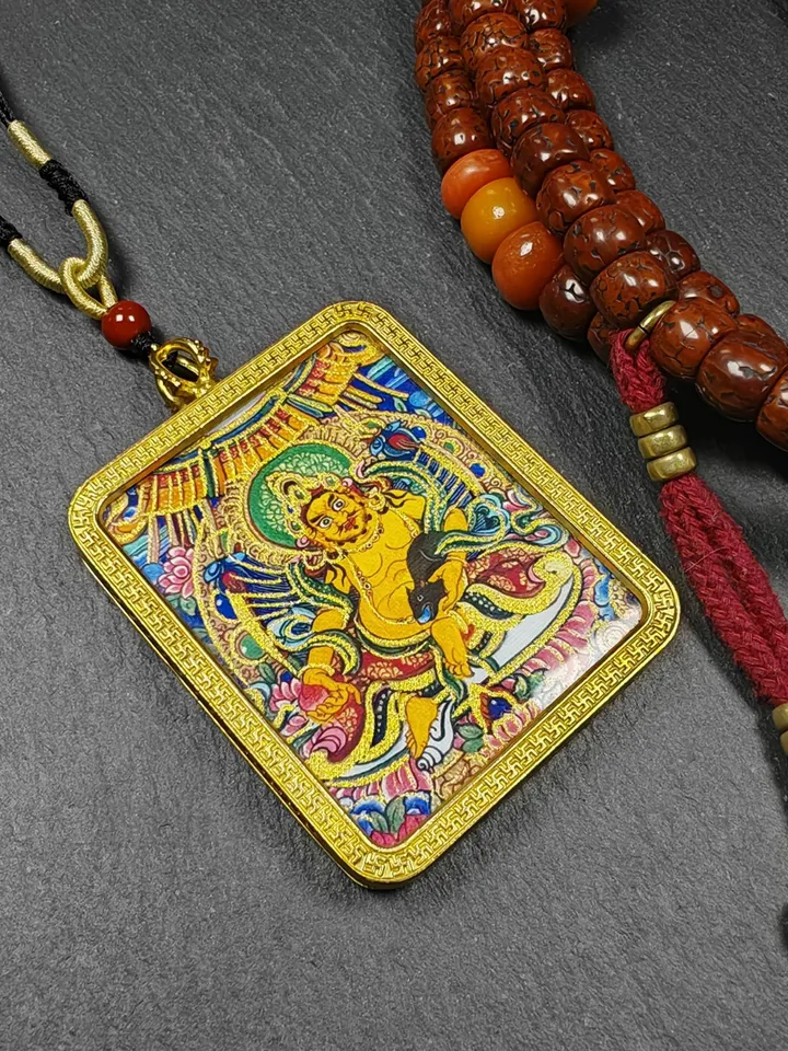 Gandhanra Hand Painted Tibetan Gau Ghau Shrine,Consecration Yellow Jambhala Amulet,Mini Tibetan Buddhist Altar Pendant