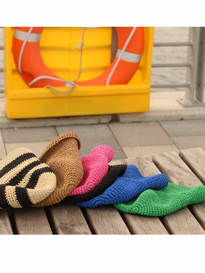 Straw hat women beach Panama bucket hot pink floppy holiday hat