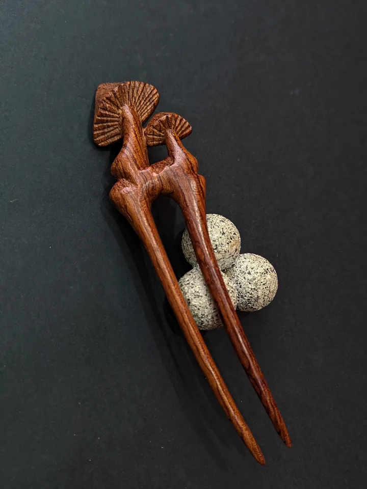 Carved wooden hairpin with mushrooms. Handmade hairpin from African bubinga wood.