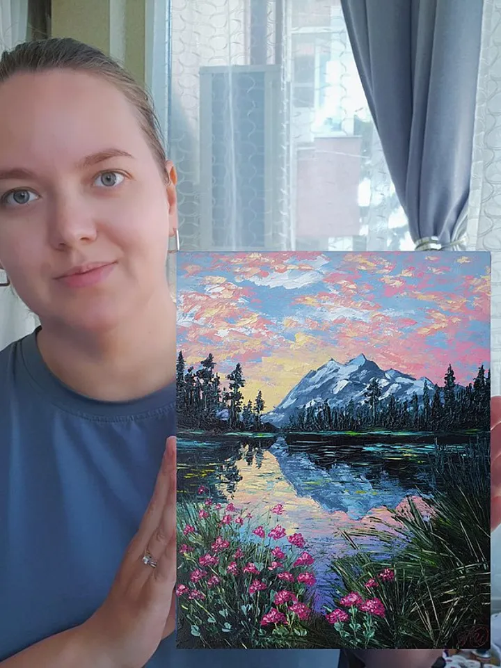 Mountain Painting Lake Original Art Sunset Artwork Landscape Impasto Painting