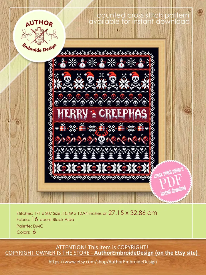 Gothic Christmas cross stitch pattern download PDF, Merry creepmas sampler, Spooky Christmas embroidery PDF, Creepy quaker cross stitch #N76