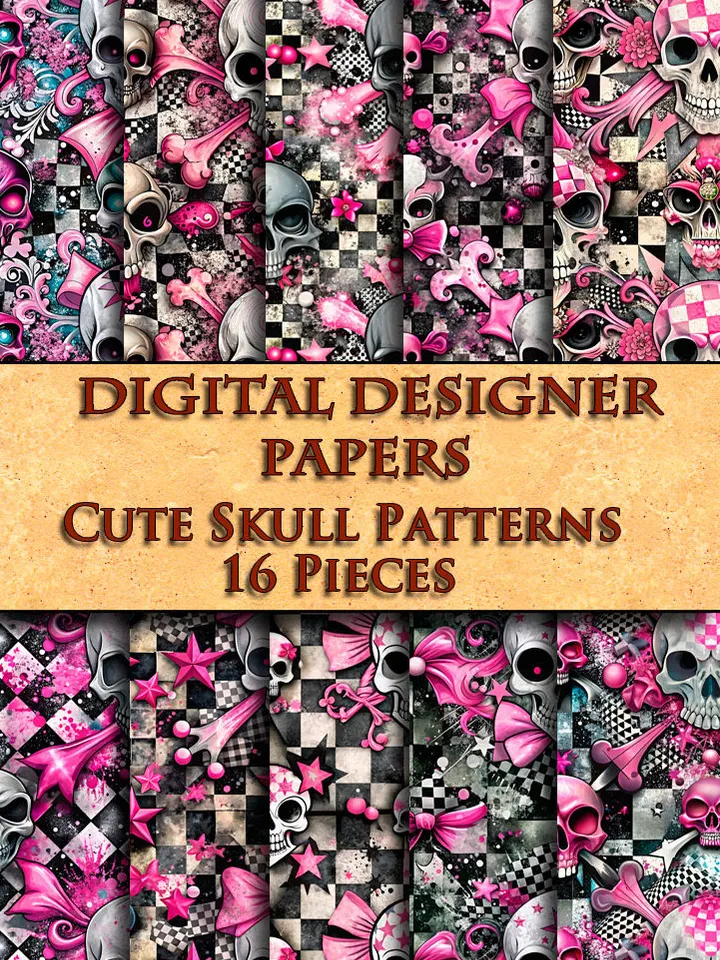 Patterns with cute skulls 16 pieces, Magic paper for printing, creativity, scrapbooking, office.
Patterns with cute skulls 16 pieces, Magic paper for printing, creativity, scrapbooking, office.