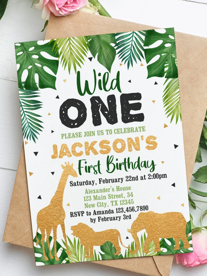 Safari Gold Birthday invitation, EDITABLE Jungle wild one Invitations, Boy 1st Birthday Invites Instant download Printable template