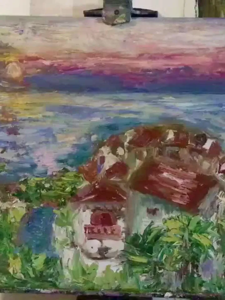 Canarian islands landscape painting,original oil impasto style canvas painting,seascape wall art,beautiful sunset painting