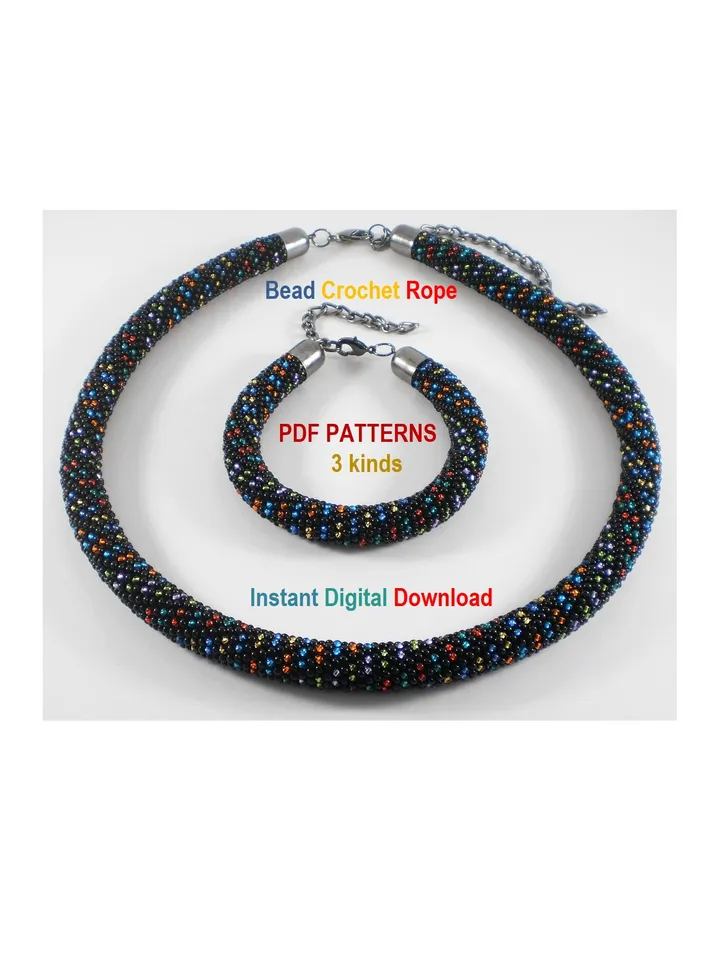 Bead Crochet Necklace Bracelet patterns 3 types, Rope bead crochet, Instant Download, PDF patterns