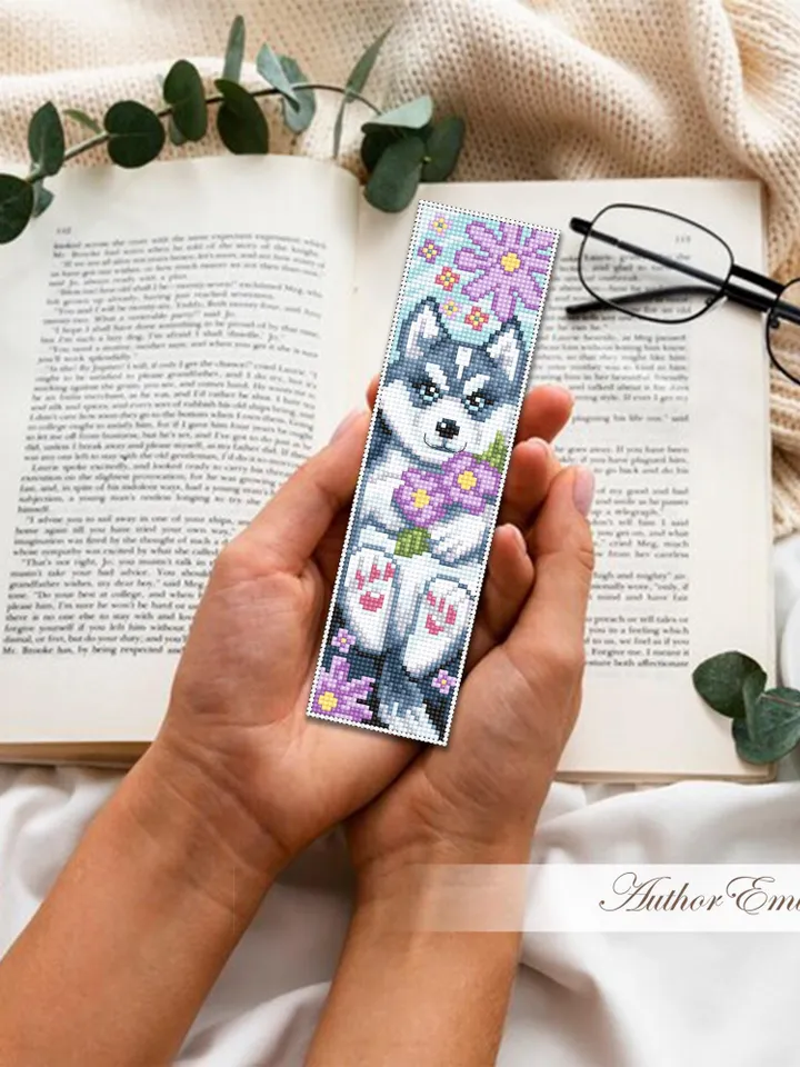 Dog bookmark cross stitch pattern PDF download Husky dog cross stitch chart, Pet bookmark pattern digital PDF, Dog lover bookmark #B466