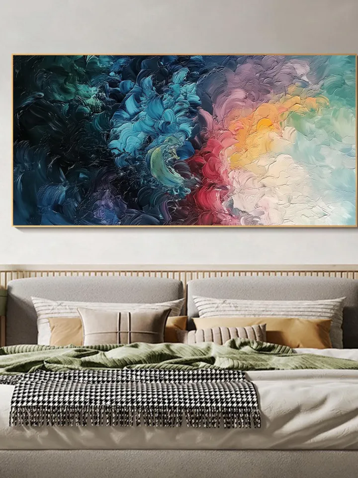 Original Abstract Colorful Waves Oil Painting on Canvas | Blue, Pink, and Gold | Wall Art for Modern Home Decor Large Wall Art | Bedroom Art