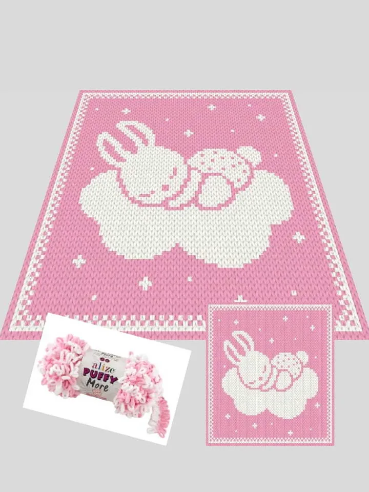 Loop yarn Finger knitted Bunny on the cloud blanket pattern