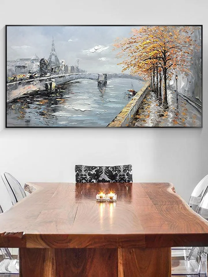 Large Original Oil Painting on Canvas,Abstract Art,Boho Wall Decor,Lake,Trees,Landscape,Bridge,Nature,Living Room Painting, Large Wall Art