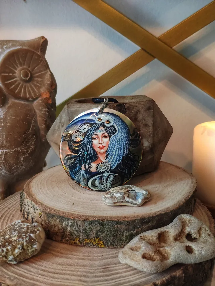 Pearl pendant necklace: Woodland fairy and owl painted on Lacquer handmade jewelry • Unique statement magic necklace for fantasy lover girl