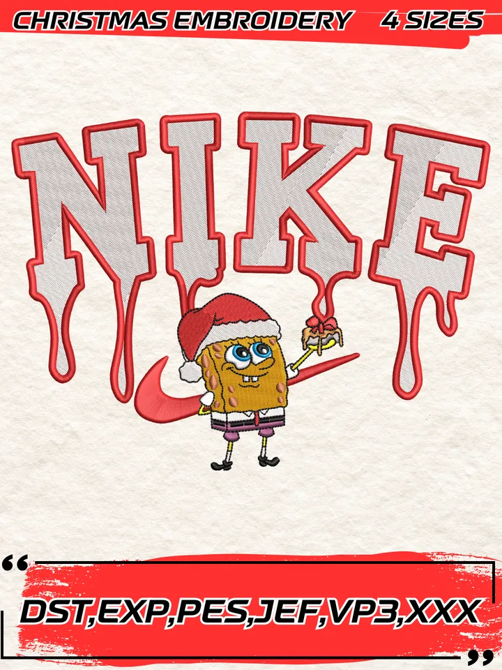 Swoosh Spongebob Xmas Christmas Embroidery Design,Christmas Embroidery Design,4 Sizes,Digital Download