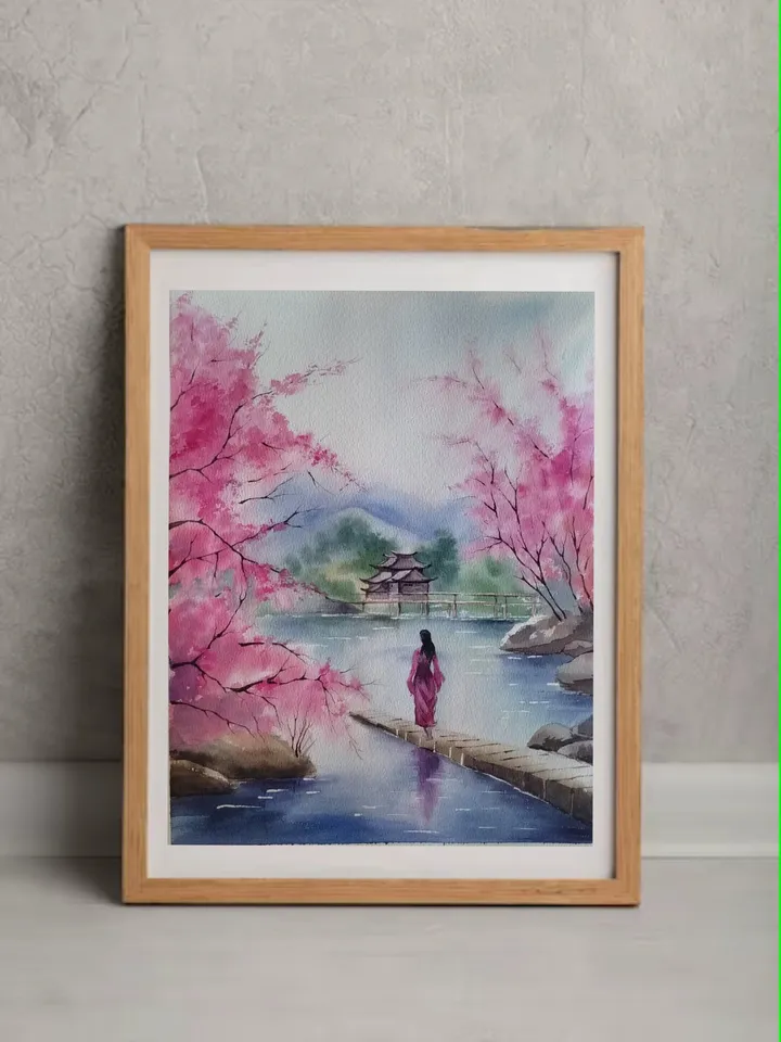 Cherry Blossoms Painting Sakura Landscape Artwork Original Watercolor Art 10.62x15.35 in by SoftWaves