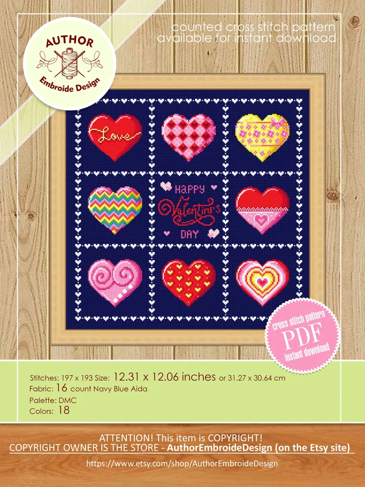 Love hearts cross stitch pattern PDF download Sampler cross stitch funny valentine, Happy Valentines day, Small heart cross stitch chart #T8