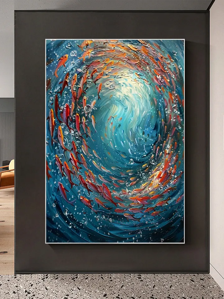 Original School Of Fish On The Bottom Of The Sea Oil Painting On Canvas, Abstract Blue Ocean Painting, Living Room Wall Art, Custom Painting