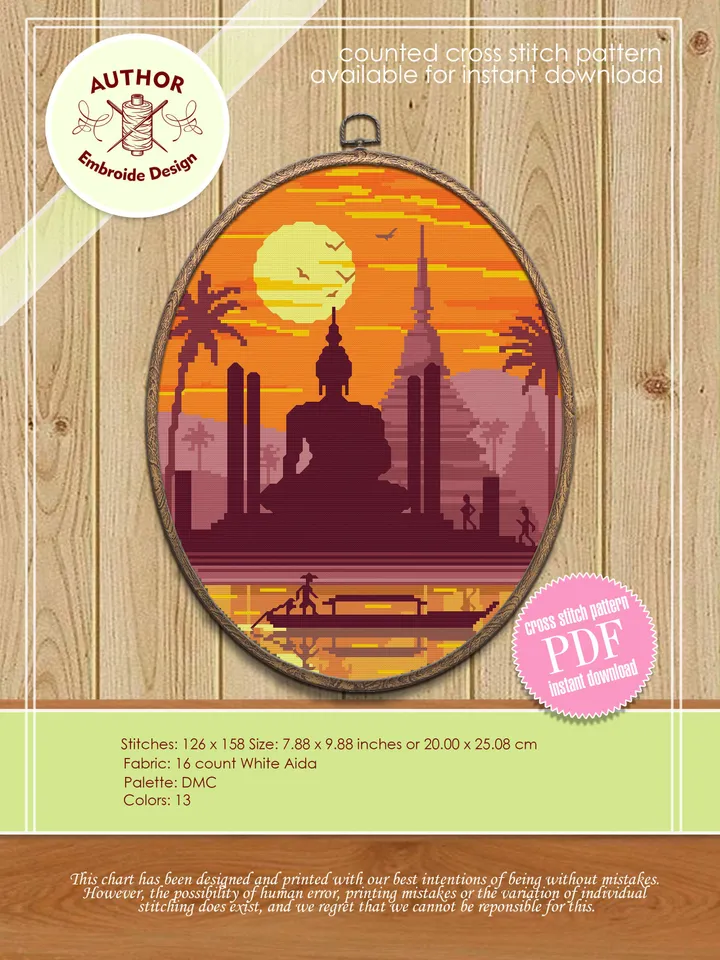 Thailand Buddha statue cross stitch pattern download PDF Nature landscape embroidery Sunset cross stitch Buddha painting stitch chart #L6