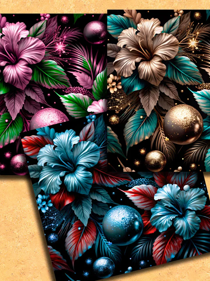 bright flowers hibiscus 18 pieces of patterns for printing on fabric, paper. Digital paper for creativity.