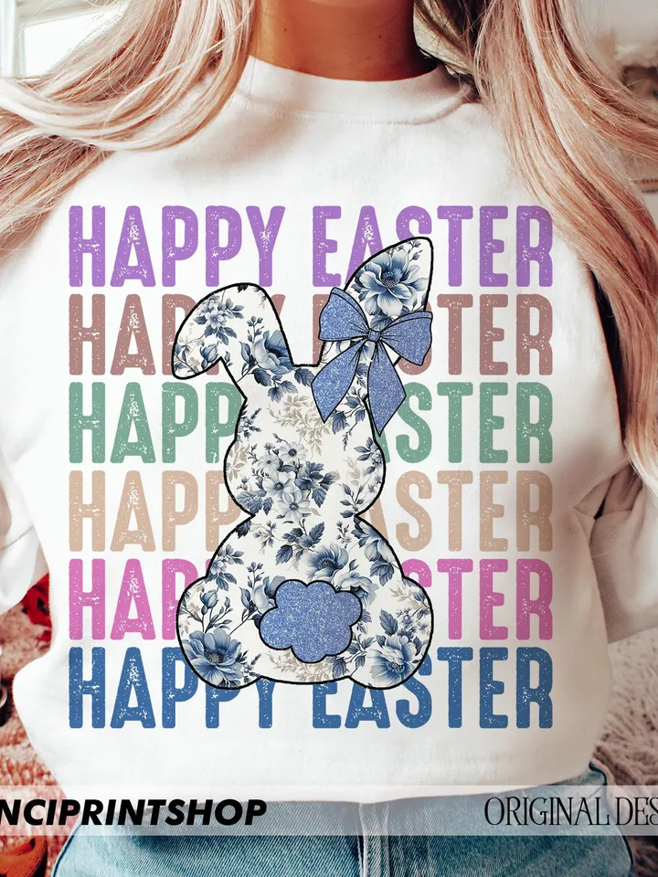 Happy Easter Stacked Blue Floral Chinoiserie Bunny Rabbit Printable, Happy Easter Bunny PNG, Easter Bunny png, Easter png, Bunny Sublimation