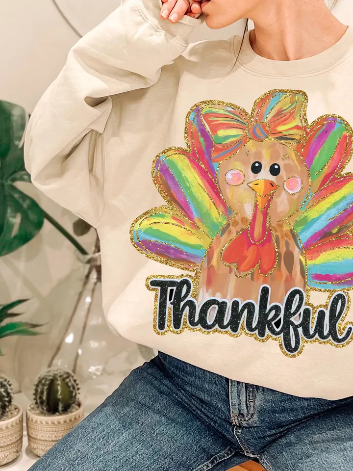 Colorful Coquette Turkey Png, Glitter Turkey Thanksgiving Png, Thankful Png, Dalmatian Dots Bow Fall Png, Hand Drawn, brushstroke