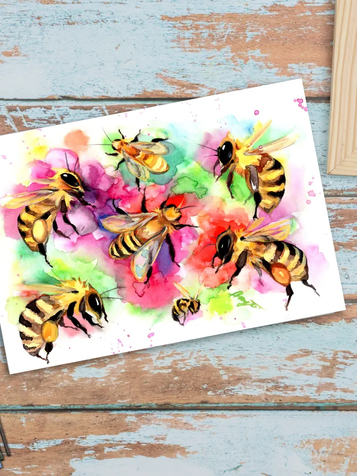 Bees original watercolour, bee painting, flowers wall decor, 8x11 in art for natura lovers by Anne Gorywine