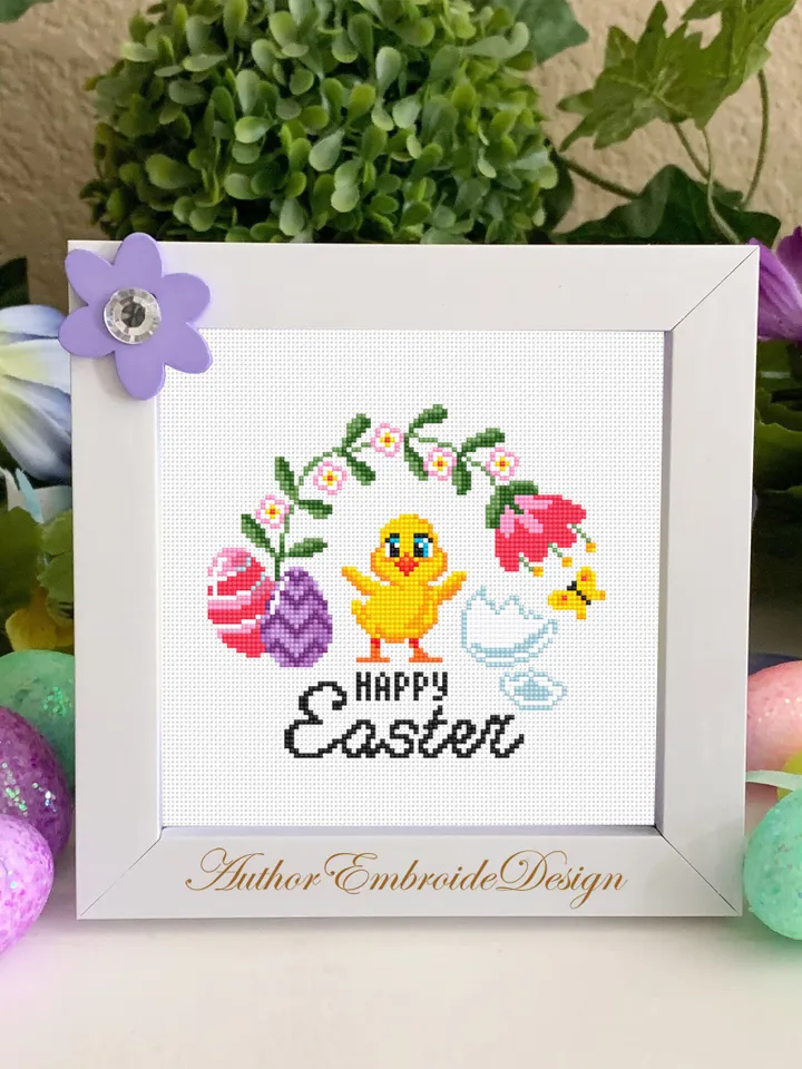 Happy Easter cross stitch pattern PDF Small easter chick cross stitch chart, Easter pattern digital PDF, Easter eggs, Spring flowers #T37