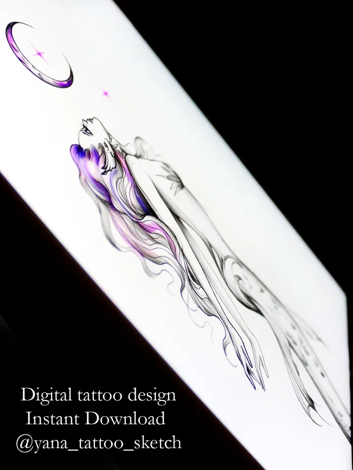 Mermaid Tattoo Design Moon Mermaid Tattoo Idea Drawing Fine Line, Instant download PDF, JPG, PNG