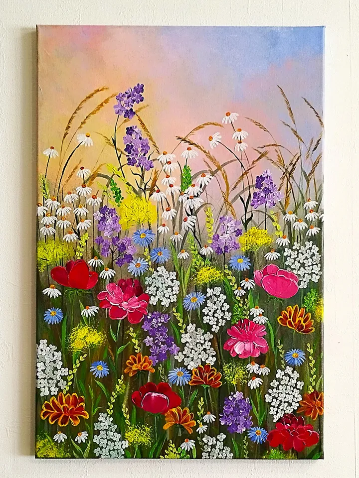 Flower landscape acrylic painting Wildflowers art impasto Summer meadow artwork