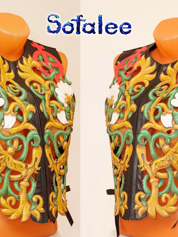 Chic Vest of genuine leather multicolored weaving plants flowers, perforation real leather waistcoat zippered summer.