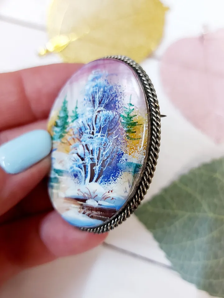 Brooches for women: Lonely solitary tree near snowy river on pearl brooch • aesthetic handmade jewelry • winter cute accessory for girl