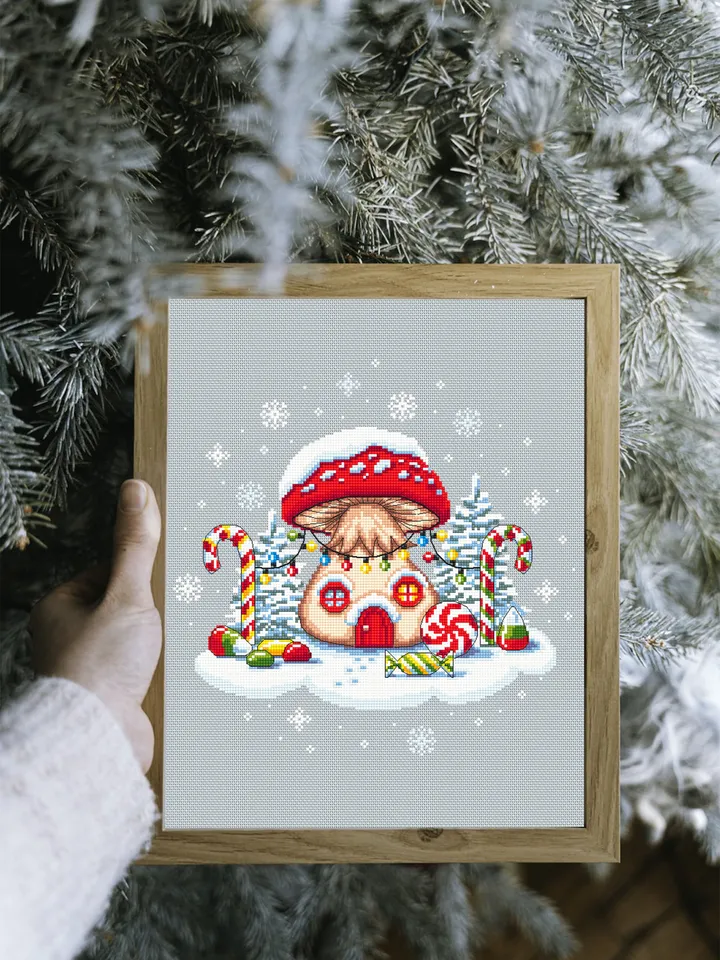 Christmas mushroom cross stitch pattern PDF download, Fairy house cross stitch chart, Magic Fly agaric Amanita, Sweet Christmas candy #N82