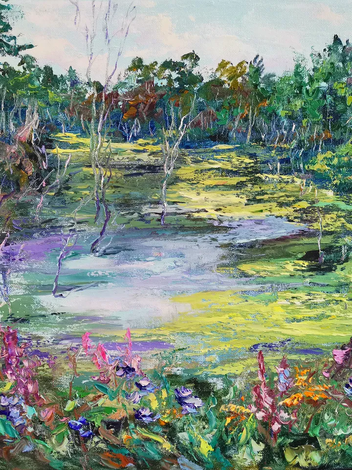 Pond Forest Flowers Oil Painting Landscape Impasto Original Artist Svinar Oksana