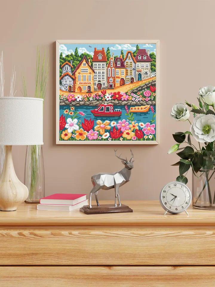 Summer houses cross stitch pattern PDF download Nature landscape cross stitch chart, Flower village pattern digital PDF, Home decor #E17