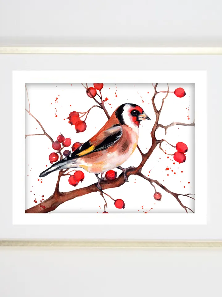 Bullfinches on a branch original watercolor, birds painting, wall decor, 7x10 in art for bird lovers by Anne Gorywine