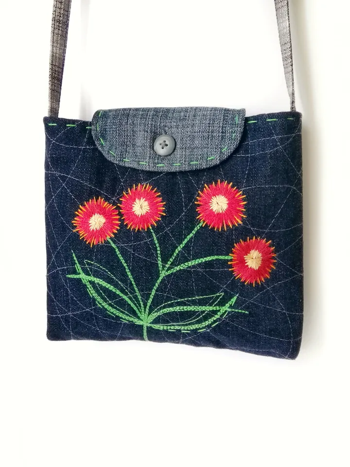 Handmade Small Denim Hand Embroidered Purses for Women, Handcrafted Boho Style Shoulder Bags - Floral Accents for Ladies. FREE SHIPPING!