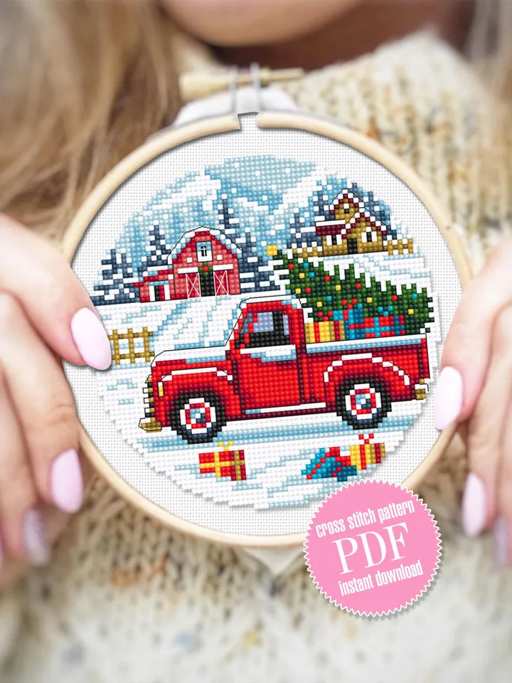 Red truck christmas cross stitch pattern PDF download Winter landscape cross stitch, Christmas pattern digital PDF Christmas farm barn #N177