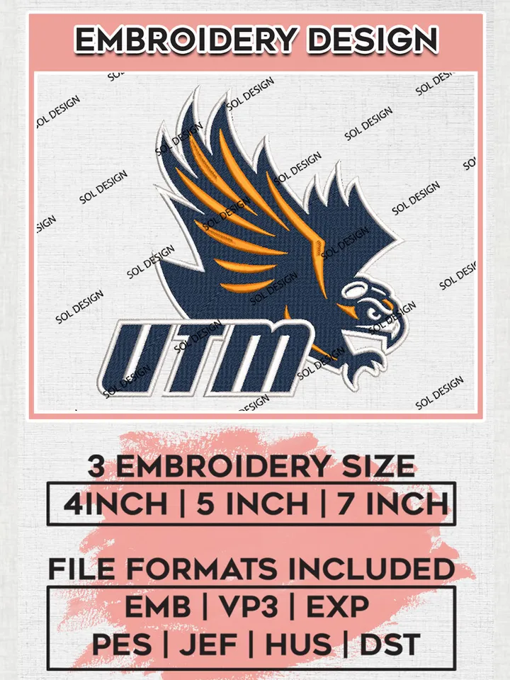 NCAA UTM Skyhawks Team Logo Embroidery Design Files, NCAA UT Martin Skyhawks Machine Embroidery, NCAA Teams, 3 sizes, NCAA Machine embroidery designs, Digital Download