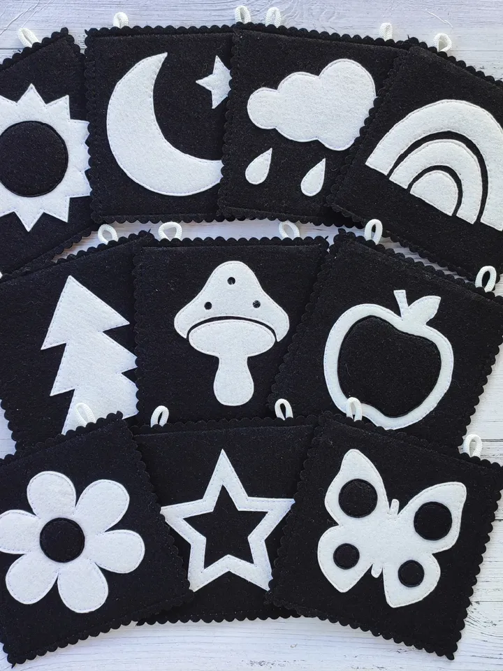 High Contrast quiet book pattern , Infant Stimulation Contrasting Pattern, Black and white felt cards for baby svg, Montessori newborn pdf