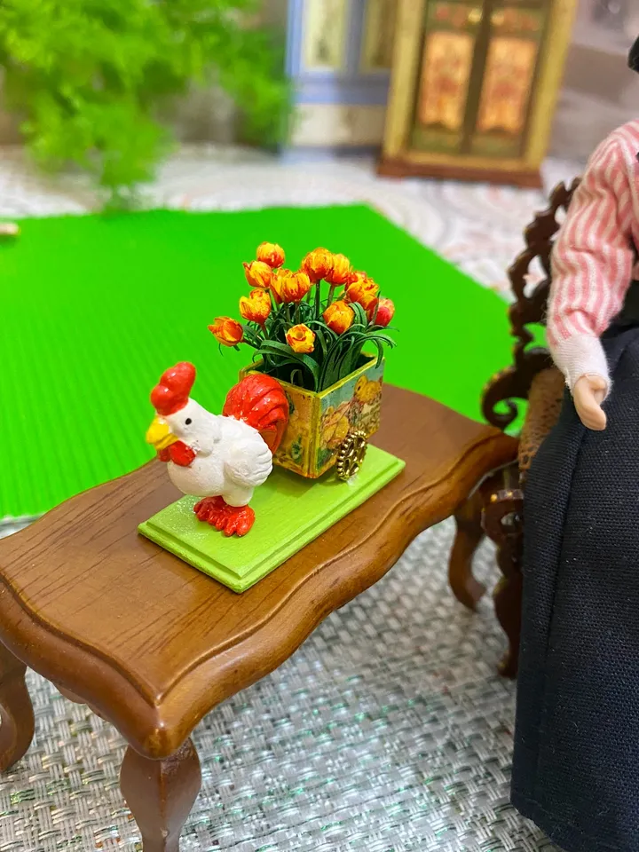 Easter miniature. Cockerel with a cart of tulips. 1:12.