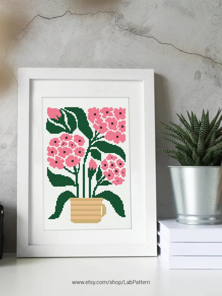 Bundle of 4 mini contemporary Flowers in pots Cross stitch patterns Abstract floral Plant beginner counted modern DIY embroidery instant PDF